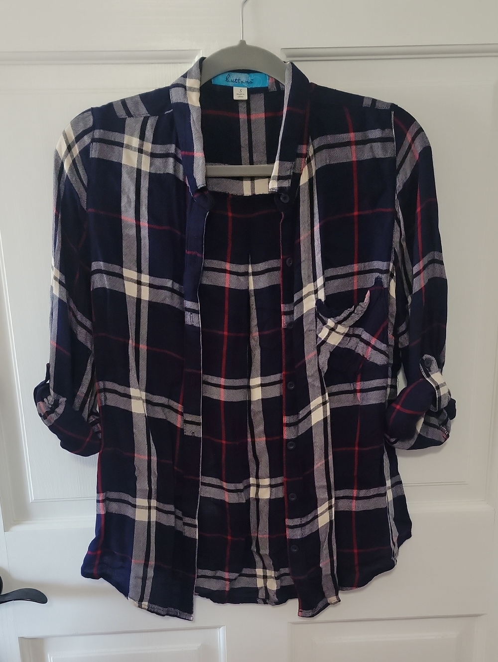 Women's Navy Plaid Button-Up Shirt with Red Accents